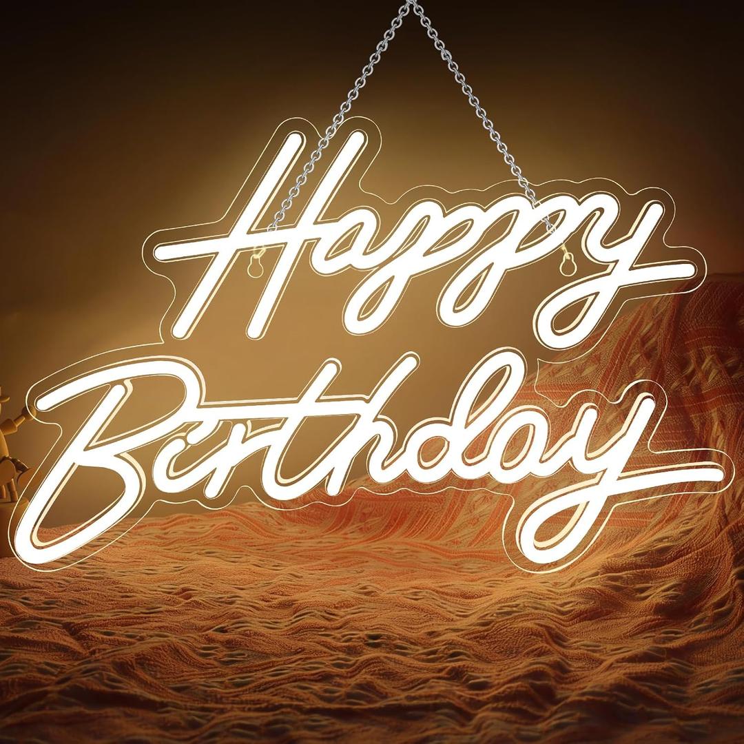 Happy Birthday Neon Sign for Wall Decor, LED Happy Birthday Light Up Sign, Dimmable LED Birthday Neon Light for Birthday Party Decorations Backdrop, Warm White