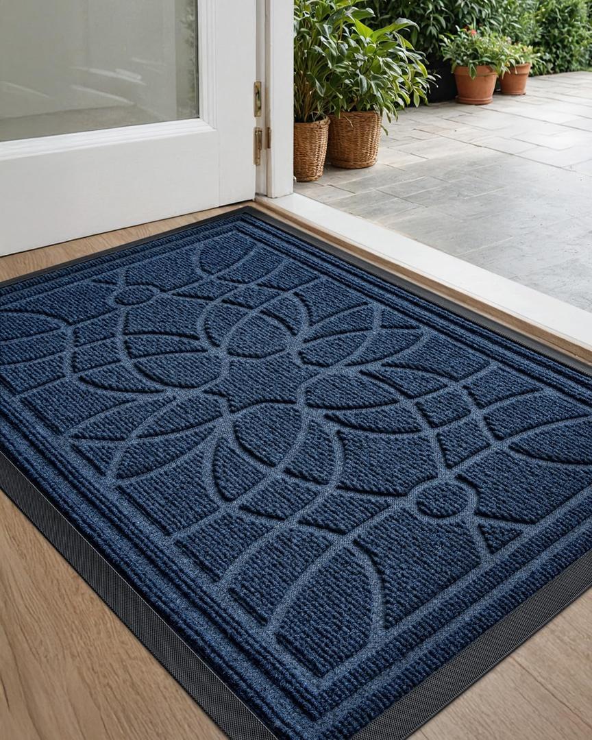 DEXI Front Door Mat Outside Entrance, Heavy Duty Non Slip Low Profile Doormat for Entryway, Trap Dirt and Moisture Welcome Mats, Easy Clean, Patio, Garage, 3x2, Blue (2' x 3' (Rectangular), Navy)
