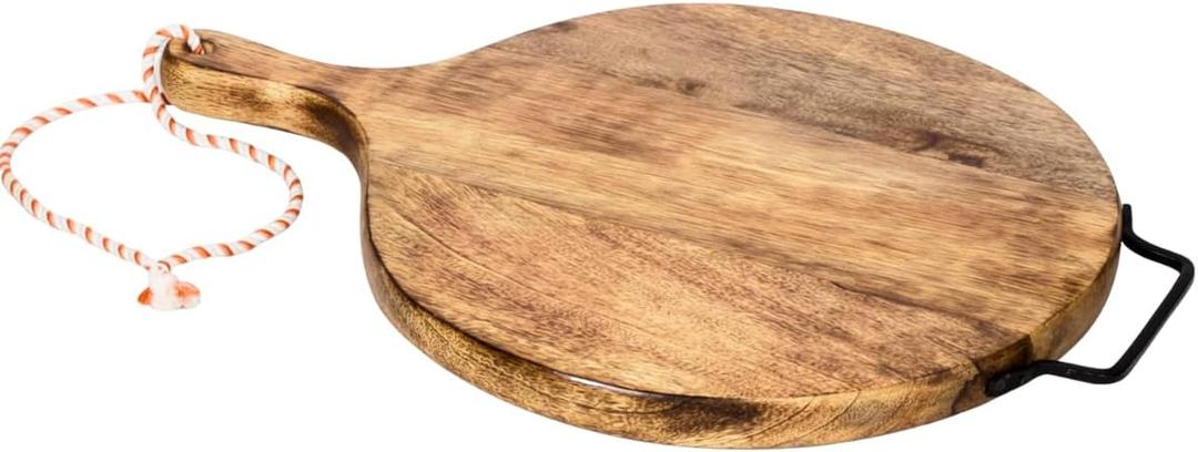 Wooden Round Chopping Board with Handle & Hanging Rope | 12-Inch Pizza Serving Tray | Rustic Wooden Cutting Board & Party Serving Platter (Design1)