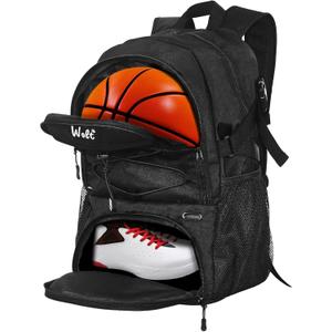 WOLT Basketball Backpack Large Sports Bag with Separate Ball Holder & Shoes Compartment, Best for Basketball, Soccer, Gym (Black)