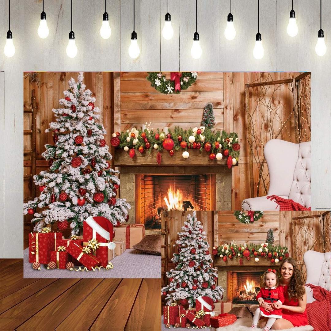 LTLYH 8x6ft Christmas Fireplace Backdrop with Tree and Gifts  Rustic Winter Holiday Background for Photography, Xmas Party Decoration, Indoor Cozy Scene Banner 111