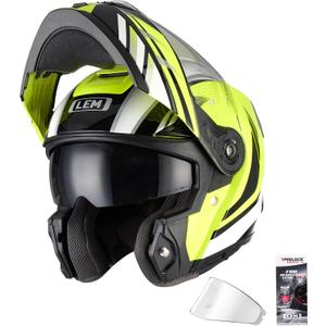 LEM Modular Motorcycle Helmets Fiberglass, Full Face Motorcycle Helmet Flip Up for Touring, DOT Certified, Release Sun Visor & Removable Comfort Liner, Lightweight Street Bike Helmet (Yellow, L)