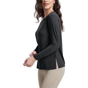 ODODOS Women's Relaxed Fit Long Sleeve Shirts Boat Neck Side Slit Peach-Soft Casual Lounge Yoga Tops, Black, Large (Black, L)