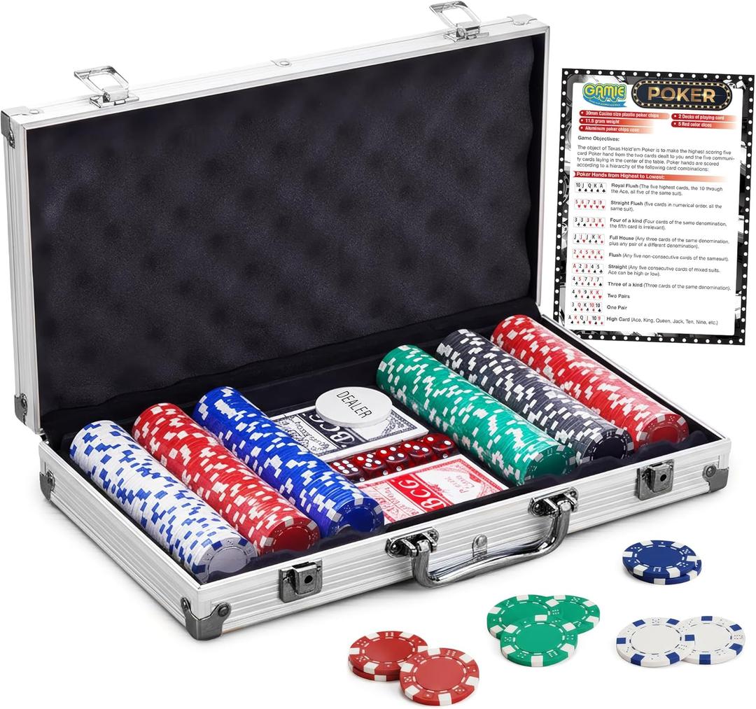 Gamie Poker Set in Aluminum Case, Casino Poker chip Kit with 300 Chips, 2 Decks of Playing Cards, 5 Dice, and 1 Deluxe Case, Fun Game Night Supplies, Best Poker Gifts for Teens and Adults, Black