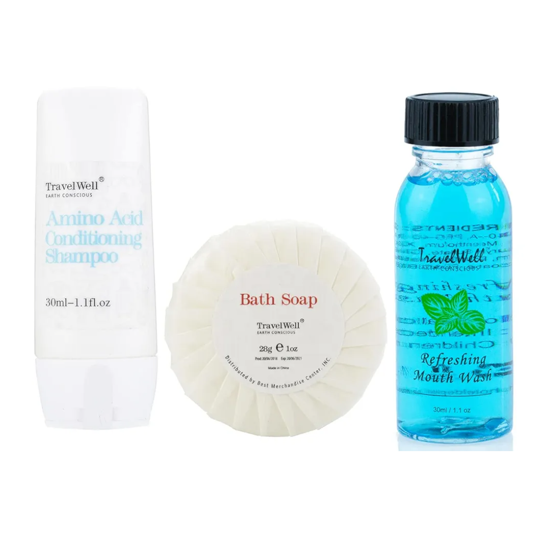 Hotel Toiletries Amenities Bulk Individually Wrapped 30ml Shampoo & Conditioner 2 in 1, Round Tissue Pleated 28g Cleaning Travel Soap In Bulk, 1FLOZ Disposable Outlast Mouthwash 30 Each, 90 Pcs