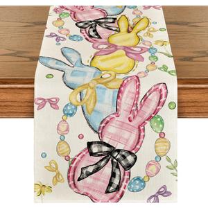 Artoid Mode Floral Bow Bunny Rabbits Eggs Easter Table Runner, Seasonal Spring Kitchen Dining Table Decoration for Home Party Decor 13x108 Inch (Beige)