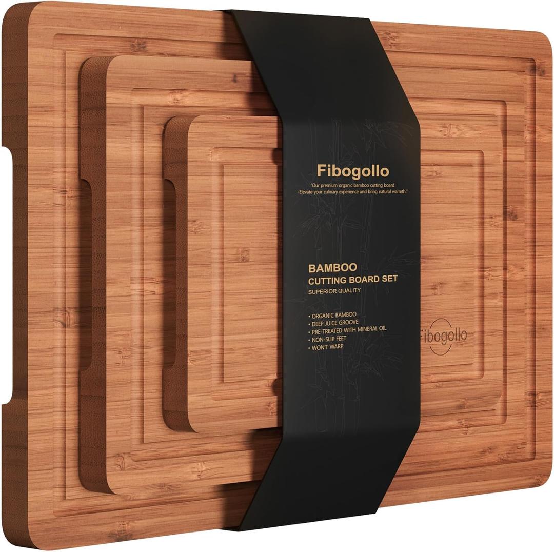 Bamboo Cutting Boards (set of 3), Carbonized Bamboo Chopping Boards with Juice Groove for Kitchen Meal Prep and Serving