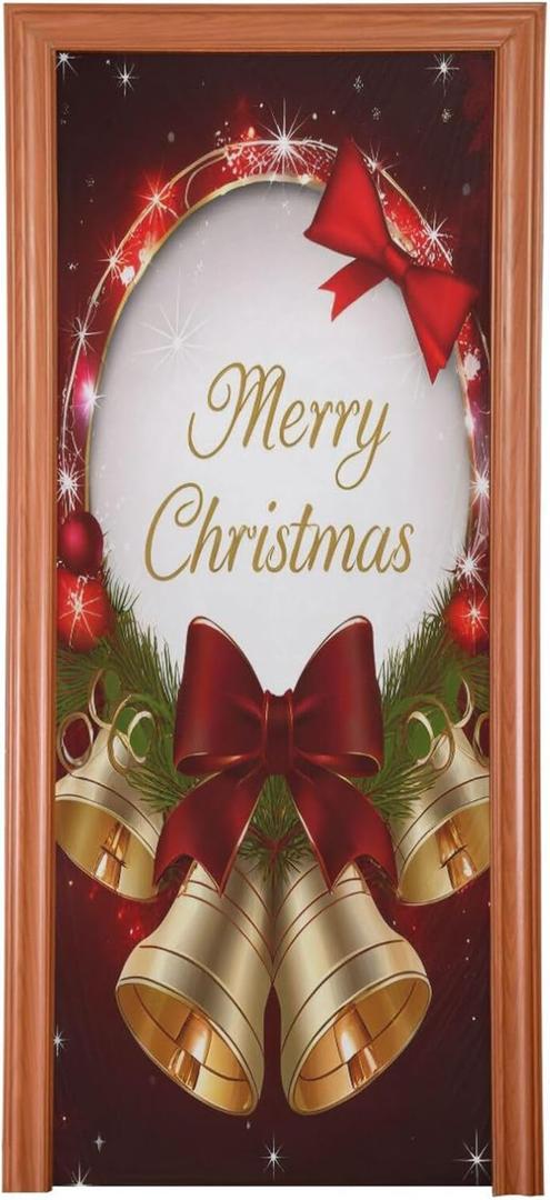 Qilmy Christmas Door Cover,Christmas Bell Bow And Snowflakes Door Covers Decoration of House Living Room Door Corridor Door Parties Shopping Mall Window 36x98in
