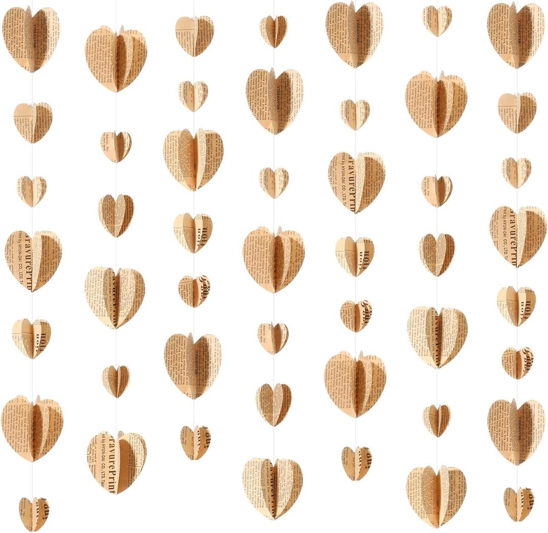 5 Pack 46 ft 3D Vintage Heart Garland Vintage Book Pages Garland Heart Newspaper Bunting Strand String Banner Backdrop for Wedding Home Birthday Party Restaurant Library Book Club Decor