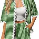 Tankaneo Womens 2 Piece Lounge Set Striped Outfits Short Sleeve Button Down Shirts and Shorts Summer Matching Sets (Small, Dark Green)