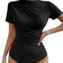 Women's Bodysuit Mock Neck Casual Ruched Short Sleeve Slim Fit Jumpsuit Ladies Elegant Leotard Tops Size L