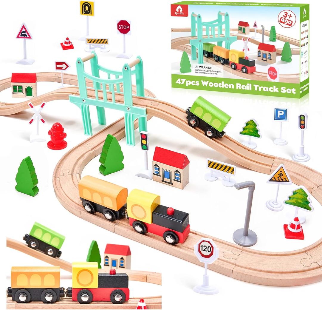 47Pcs Wooden Train Set for Toddlers, Wooden Train Track - Expandable and Changeable, Safe Educational Train Toys Gift for Boys & Girls Kids Ages 3-5 4-8, Compatible with All Major Brands