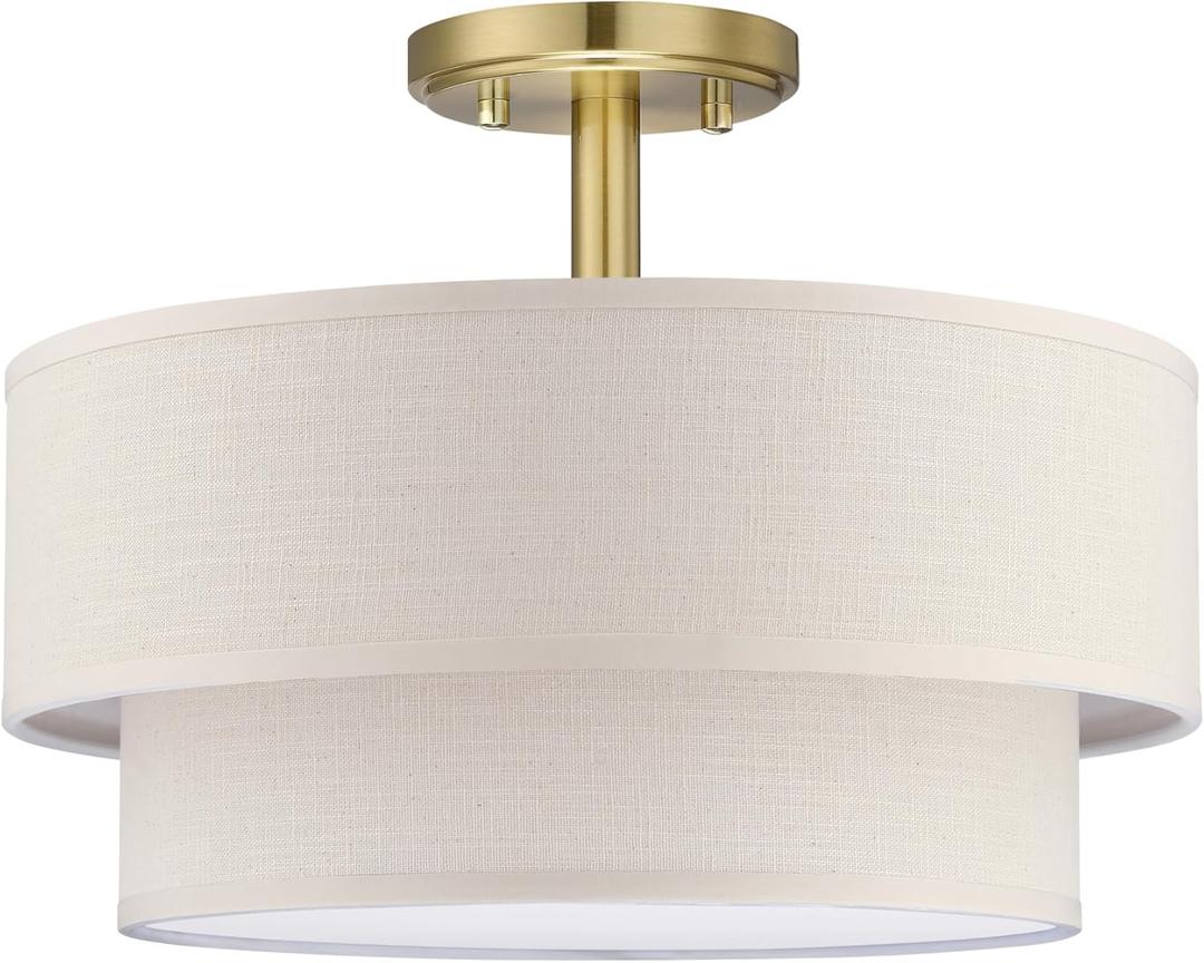 2-Tier 12" Adjustable LED 18W 3000K/4000K/5000K Semi Flush Mount Close to Ceiling Light Fixture Cream Fabric Shade Gold Finish for Bedroom,Living Room,Dining Room Hallway