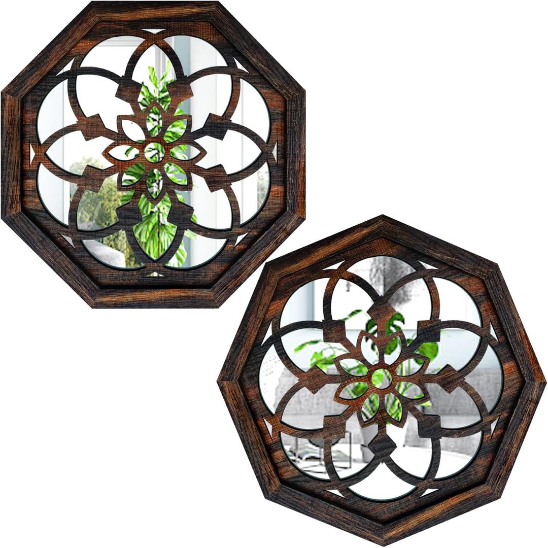 ZOLAPI 2-Piece Octagon Wall-Mounted Mirrors,Vintage Farmhouse Mirror for Wall Decor,Caramel Color Decorative Accent Mirror for Foyer, Bathroom, Bedroom. (12x12)