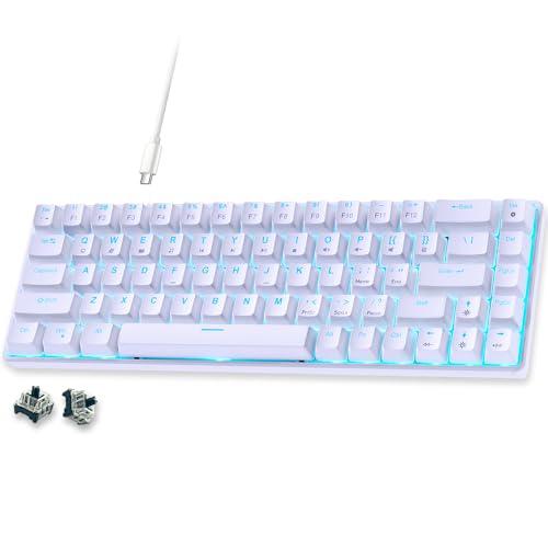 abucow 65% Mechanical Gaming Keyboard, Black Switch Wired Compact Keyboard with Blue Backlight, Swappable White Keycaps, for Windows/Mac