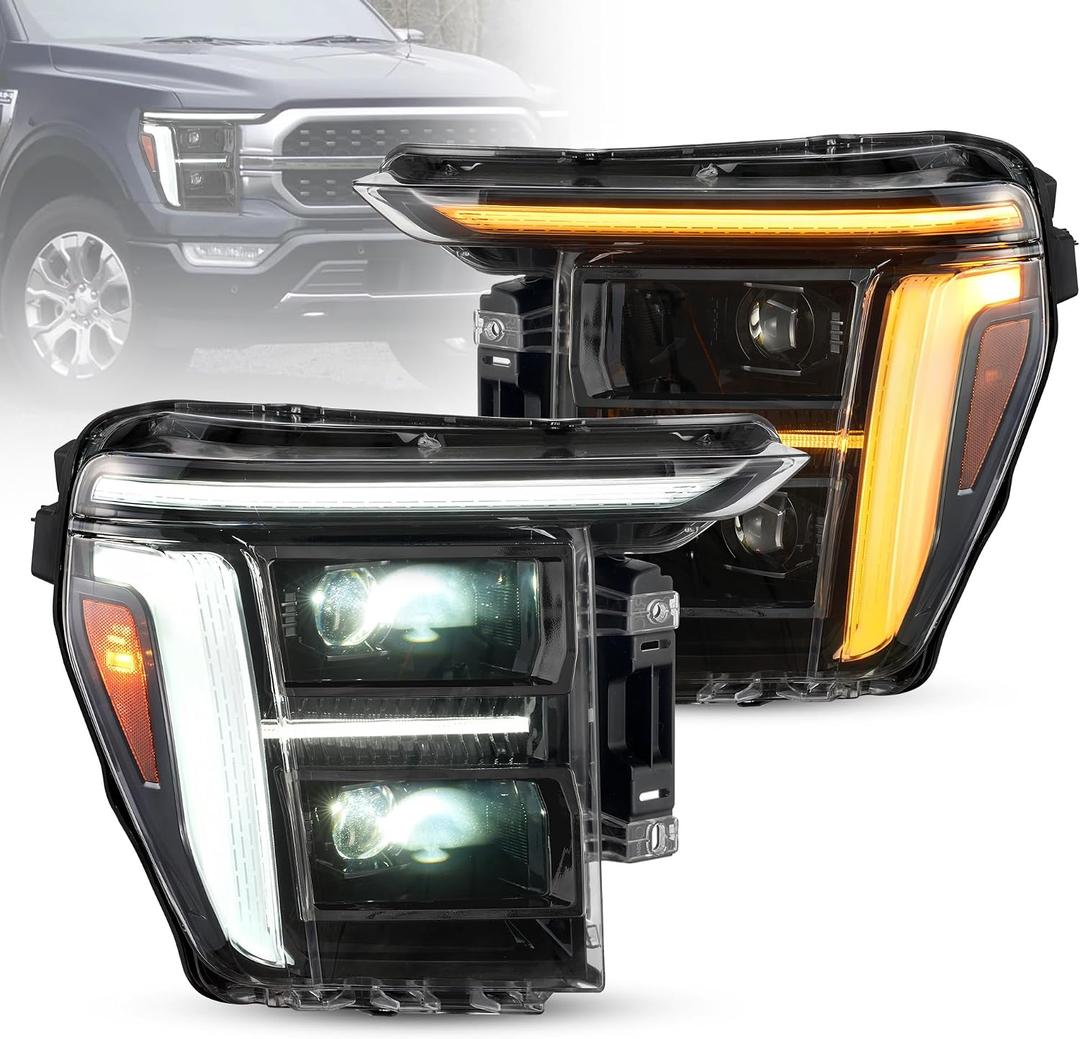VLAND LED Headlights For 2021-2023 Ford F150 [Only fit for F-150 with Halogen/Xenon OEM Light], Yellow or White DRL, Not For Raptor & F-150 Lightning, Black