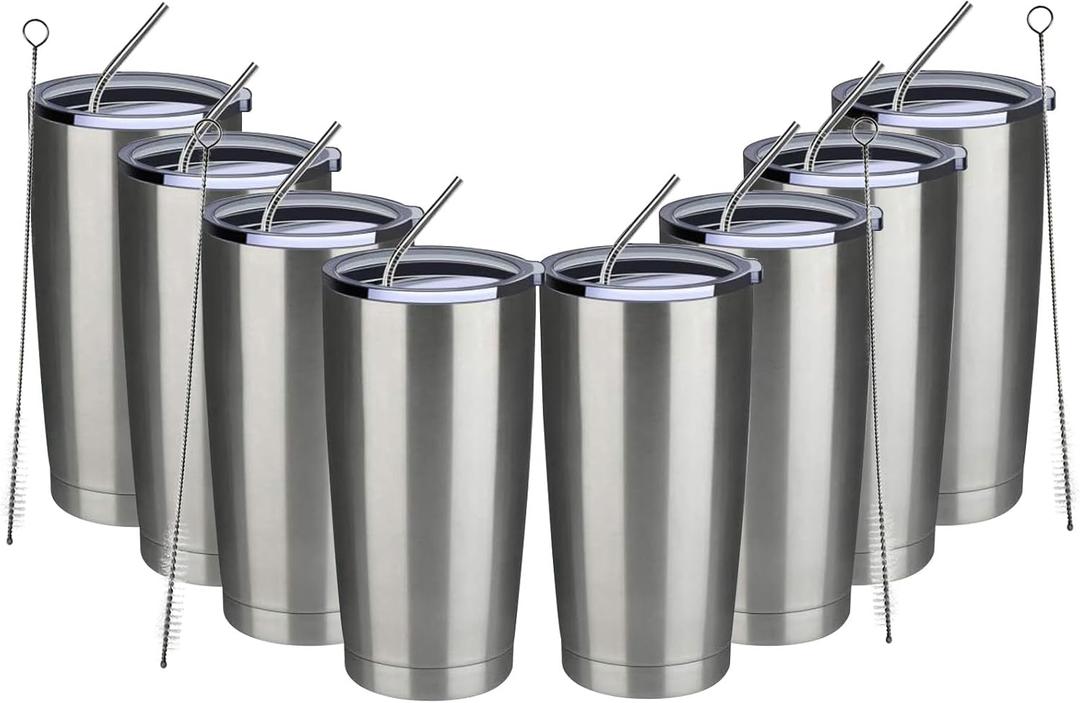 MEWAY 20oz Tumbler 8 Pack Double Wall Vacuum Insulated Travel Mug Bulk, Stainless Steel Tumblers with Lid and Straw, Durable Powder Coated Coffee Cups for Cold & Hot Drinks (Silver, 8) (Sliver) MEWAY 20oz Tumbler 8 Pack Double Wall Vacuum Insulated Travel Mug Bulk, Stainless Steel Tumblers with Lid and Straw, Durable Powder Coated Coffee Cups for Cold & Hot Drinks (Silver, 8) (Sliver)