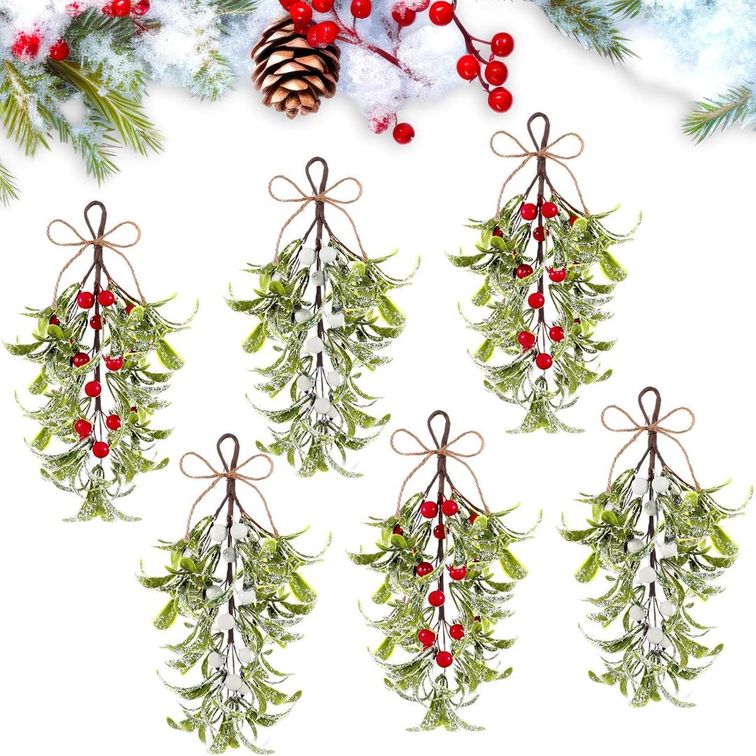 6 Pcs Christmas Mistletoe Decor 9 Inch Artificial Mistletoe Hanging Ornaments Red and White Berries Snowy Pick Branches Christmas Decorations for Doors Seasonal Home Winter Holiday