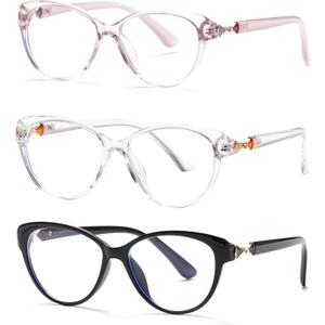 3 Pack Fashion Cat Eye Reading Glasses Women, Ladies Cateye Anti Blue Light Readers, Cute Anti Glare/UV Eyeglasses (Transparent,black,purple)