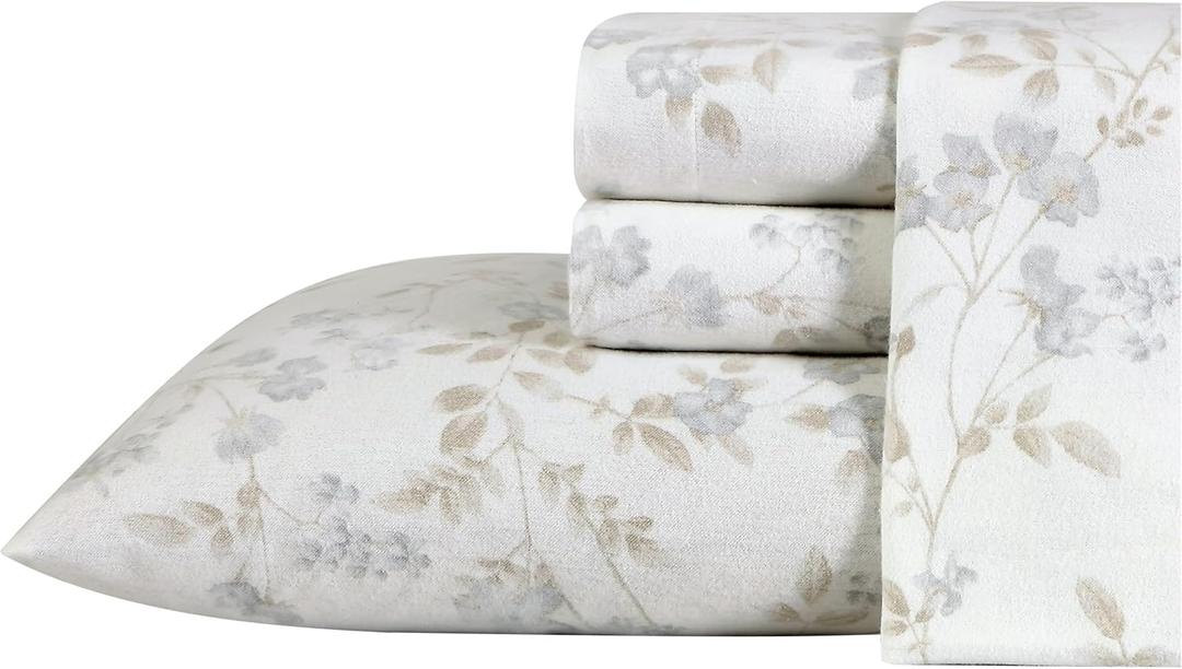 Laura Ashley - Flannel Sheets Queen Size, Anti-Pilling & Wrinkle Resistant Cotton, Touchably Soft for All-Season Comfort - Bed Sheets with Matching Pillowcases & Fitted Sheet (Fawna Grey)