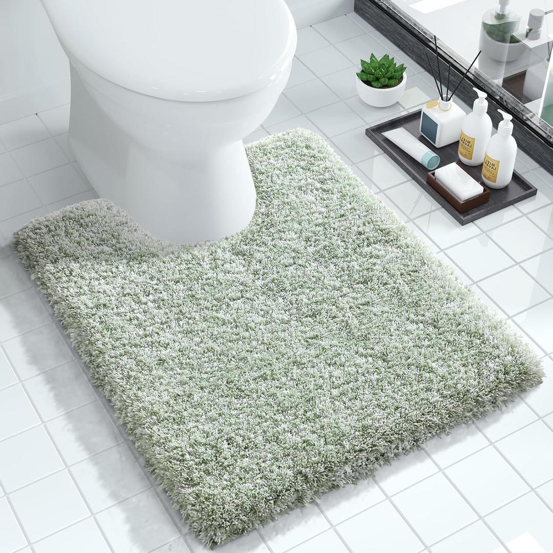 Yimobra Toilet Rugs U Shaped Washable 24x20, Ultra Soft and Water Absorbent Bath Mats, Non Slip Fluffy Shaggy Luxury Microfiber Contour Bath Rugs for Toilet, Dry Quick, Light Green and White