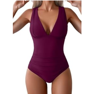 Eomenie One Piece Swimsuit for Women Tummy Control Plunge V Neck Bathing Suit Slimming Wide Straps Swimwear (Small,  Burgundy)