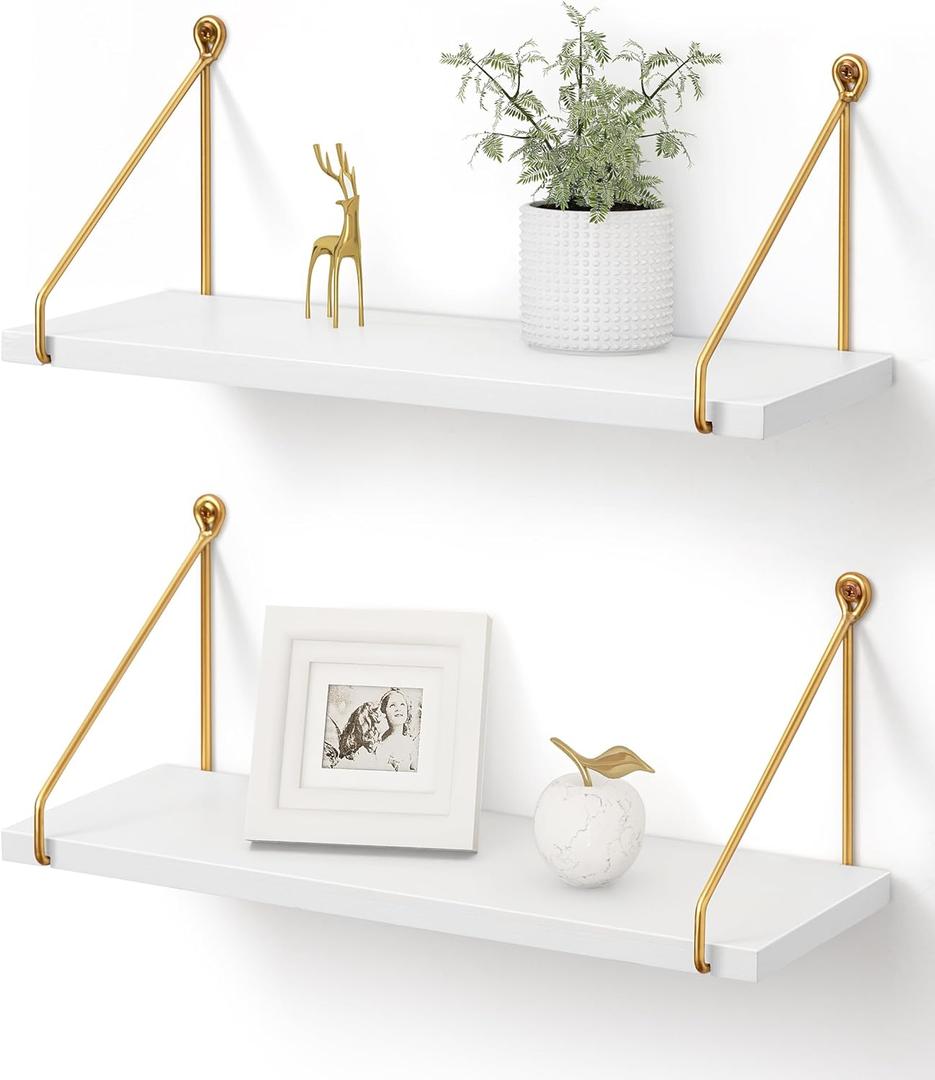 Afuly Floating Shelves, Metallic Gold White Wall Mounted Set of 2, Solid Wood Metal Chic Bookshelf for Bathroom Kitchen Bedroom (5.7"D x 16.5"W)