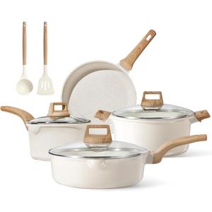 CAROTE Pots and Pans Set Nonstick, White Granite Induction Kitchen Cookware Set, 9 Pcs Non Stick Cooking Set w/Frying Pans & Saucepans