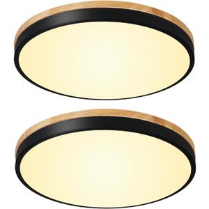 24W Dimmable Ceiling Light Fixture, 12 inch Flush Mount Light Fixture, LED Ceiling Lights Bedroom, Kitchen, Entryway, Super Bright 2700 Lumens, 300W Equivalent 5CCT(2700k-5000k) Wood & Black-2 Pack