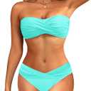 Women's Strapless Bandeau Bikini Set - Twist Front Two Piece Swimsuit with Side Tie Bathing Suit Bottom (Blue, M)