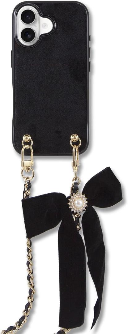 Crossbody Case for iPhone 17 with Gold and Vegan Leather Woven Detachable Chain - Black