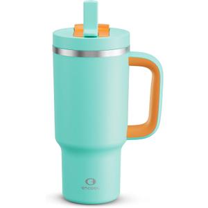 ENCOOL 32 oz Tumbler with Handle and Straw: Stainless Steel Insulated Tumbler Keeps Cold for 24 Hours, Leakproof Travel Cup Fits in Cup Holder and BPA-Free,Soft Cyan