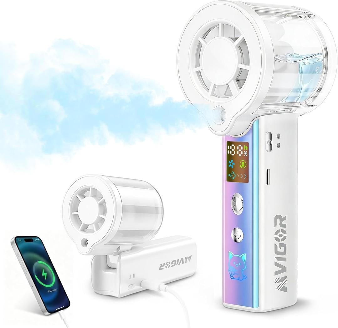 Portable Handheld Fan with Cooling Mist, 30000 RPM High Speed Turbo Personal Fan with Adjustable Speeds, 3000mAh Rechargeable Mini Misting Fan with LED Display for Travel Outdoor Makeup, white