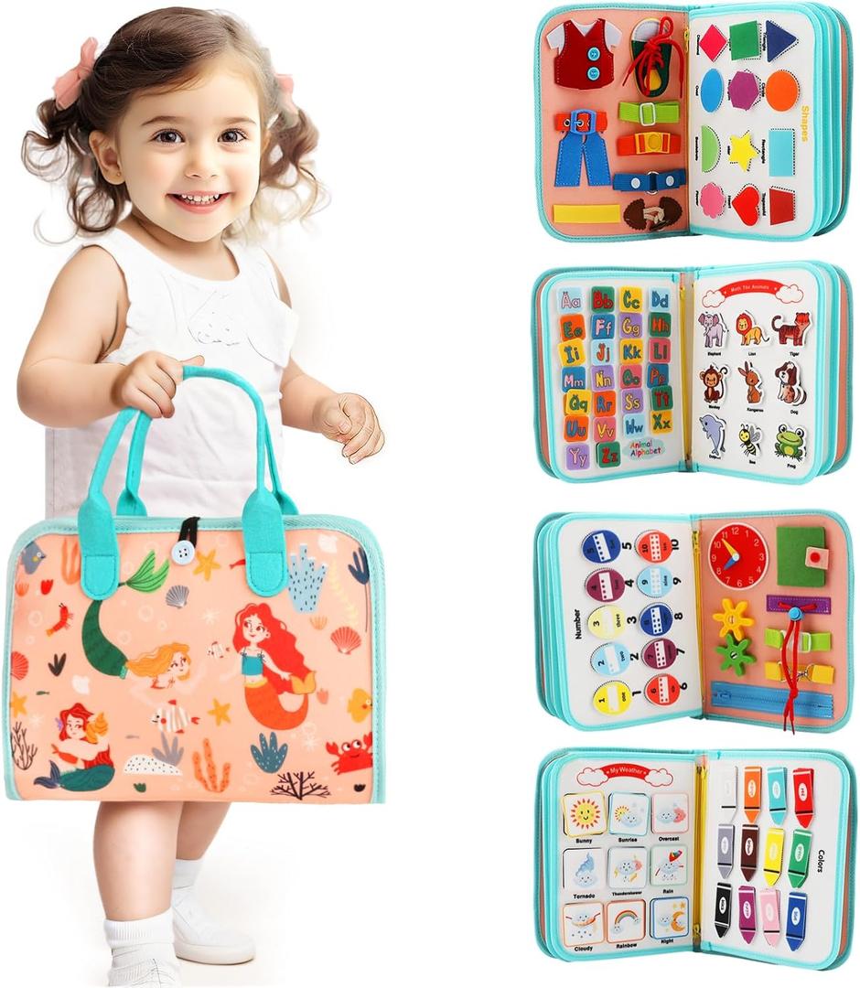 Toddler Busy Board Montessori Toys for Toddlers 3+ Year Old Educational Activity Book Board Sensory Travel Toys Ages 4 Preschool Learning Fine Motor Skills Toy Quiet Book Gift for Kids