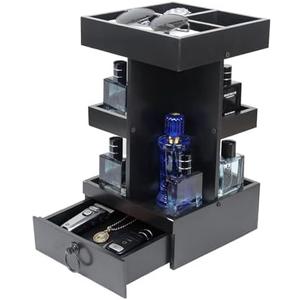 Cologne Organizer for Men,3 Tier Perfume Stand,360 Rotating,Felt Lining Drawer + 3 Compartments,Fit for Different Size/Shape Cologne,Display Holder/Watch/Jewellery,Gift for Husband/Father,Black