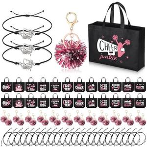 Landical 72 Pcs Pink Cheerleading Gifts 24 Cheer Bags Portable 24 Pom Pom Keychain 24 Cheerleading Bracelet Canvas Makeup Bag Bulk Cheer Gifts Female Teammates Toiletries Accessories