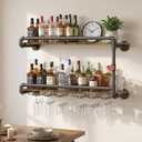 Merapi Rustic Wall Mounted Wine Rack with Stemware Holder, 2 Tier Floating Bar Shelf for Home Bar, Coffee Station, Kitchen Storage, Dining Room Wall Decor, Farmhouse Organization & Coffee Bar Decor, 35.4 X 8.5 X 19.5 Inches