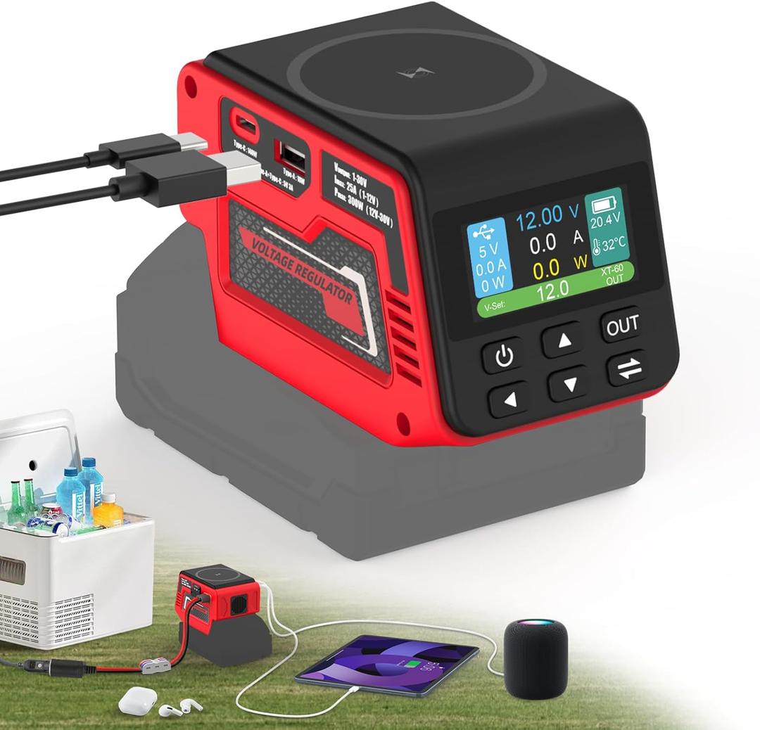 300W Power Voltage Regulator Compatible with Milwaukee 18V Battery, 2V-30V Voltage Regulator with 1 DC Voltage Regulating Socket, 1 USB Ports & 100W Type-C Charging, 15W Magnetic Wireless Charging (Red)