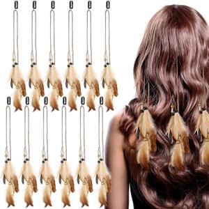 Geyoga 12 Pcs Feather Hair Clip Boho Hair Extensions with Feather Clip Comb Hippie DIY Accessories Hairpin Tribal Braided Beads Headdress for Women (Brown,Artistic)