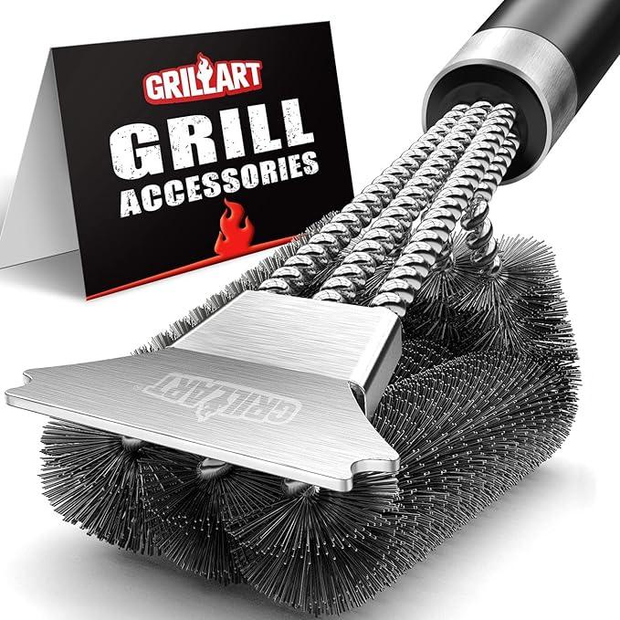 GRILLART Grill Brush and Scraper with Deluxe Handle, Safe Wire Grill Brush BBQ Cleaning Brush Grill Grate Cleaner for Grill/Smoker/Gas/Charcoal Grill Cleaning-Grill Gifts for Men/Dad, BR-8529