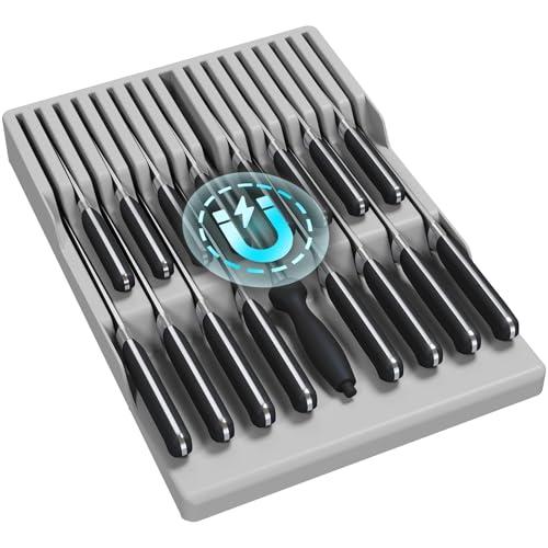 Lifewit Magnetic Drawer Knife Organizers Insert, Kitchen Plastic In Drawer Knife Block Slots, Steak Chefs Knives Holder Storage for 16 Knives and 1 Sharpening Steel, Extra Large, Gray, 16.5"/42 cm(W)
