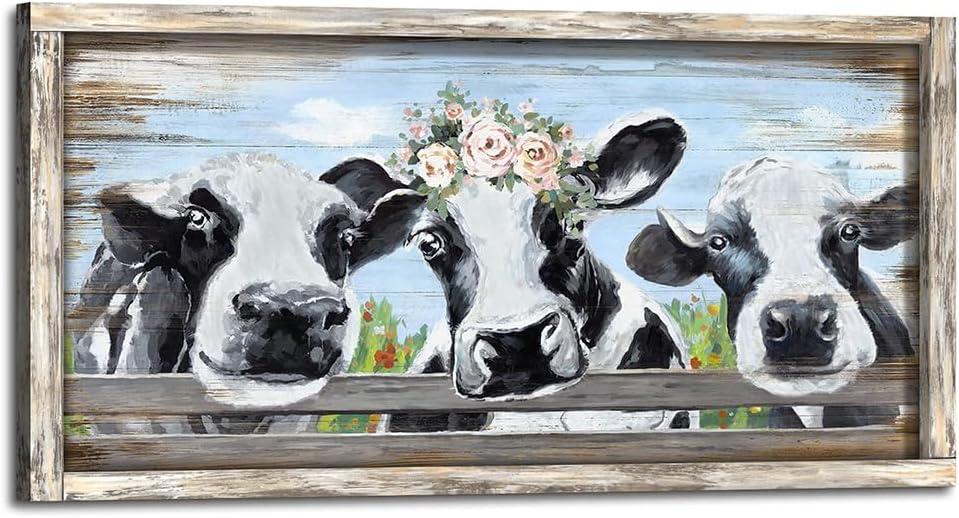 Cow Wall Art Wooden Picture: Cute Farm Animal Framed Artwork Decor Rustic Farmhouse Cattle Painting Horizontal Country Calf Print for Home Bedroom (40L" x 20W")