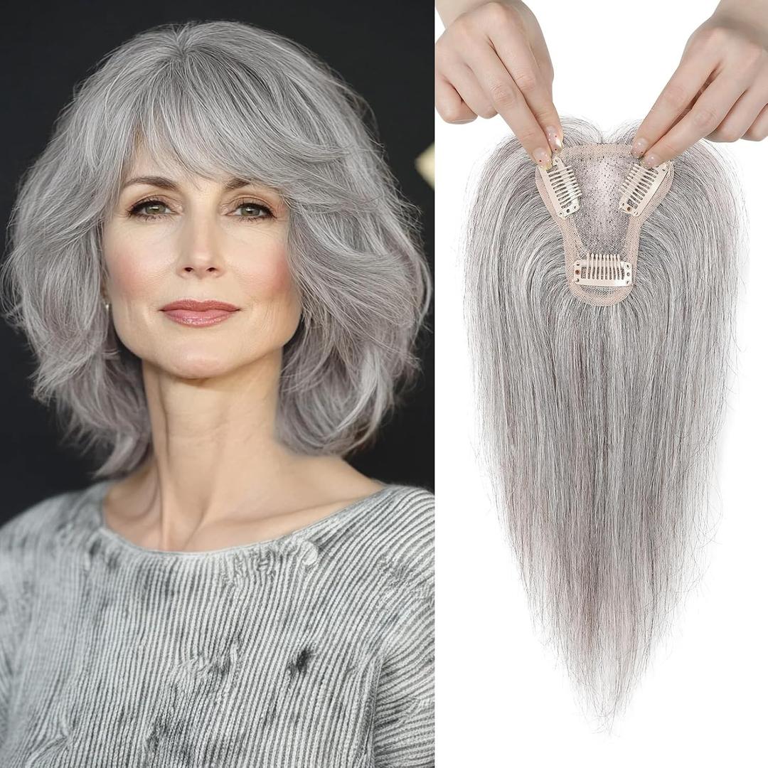 REECHO 10" Real Human Hair Topper for Women with Thinning Hair, Clip-in Crown Hairpiece for Instant Volume and Gray Root Coverage Real Hair Toppers Wiglett, Standard Base, Salt & Pepper