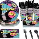 BLUE PANDA 144 Piece I Love the 90s Theme Party Decorations, Retro 1990s Birthday Plates, Napkins, Cups, Cutlery (Serves 24) - 1990s Party Decorations