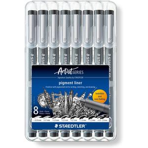 STAEDTLER 308 SB8 Pigment Liner Pens - Assorted Line Widths, Black (Set of 8)