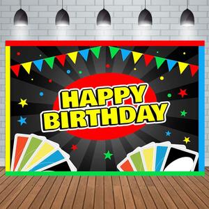 Aperturee 7x5ft Card Game Happy Birthday Backdrop Colorful Playing Cards Flags Game Night Party Cartoon Black Radial Stripe Bday Party Banner Decorations Supplies Photography Background Table Decor