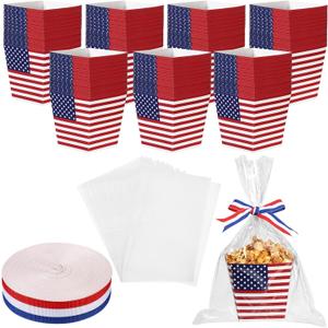 Pajean 24 Pcs 4th of July Treat Boxes with Gift Bags and Ribbon Patriotic Gift Boxes Red White Blue American Flag Goodie Cookies Popcorn Basket for Independence Day Memorial Party Favors Supplies