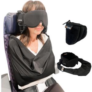3-in-1 Airplane Sleep Support System - Integrated Plane Sleeping Accessories with Memory Foam Long Haul Flight Pillow, Adjustable Travel Eye Mask, and Blanket-Like Body Sling - Fits in Carry On