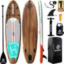 Highpi Inflatable Stand Up Paddle Board Premium SUP Accessories, Backpack, Wide Stance, Surf Control, Non-Slip Deck, Leash, Paddle and Pump, Standing Boat for Youth and Adult (Classic Wood)