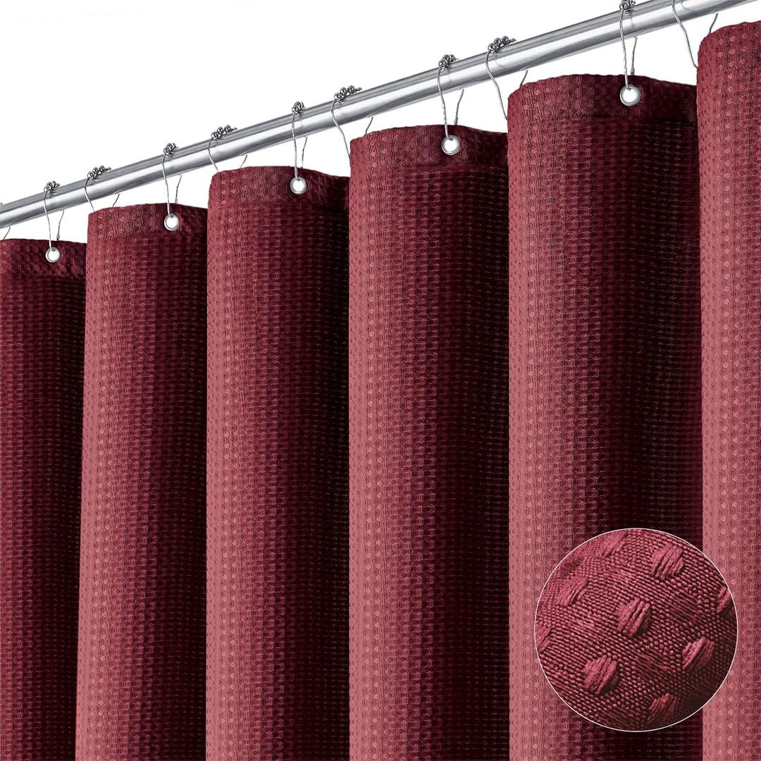 Dynamene Burgundy Fabric Shower Curtain - Waffle Weave Textured Heavy Duty Cloth Shower Curtains for Bathroom, 256GSM Hotel Luxury Weighted Bath Curtain Set with 12 Plastic Hooks,72x72, Burgundy